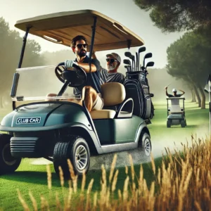 An action shot of a Club Car golf cart being driven on a golf course, with a golfer and their clubs in the back