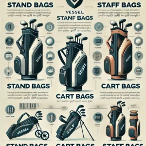 An infographic displaying different types of Vessel golf bags, including stand bags, cart bags, and staff bags, highlighting key features.