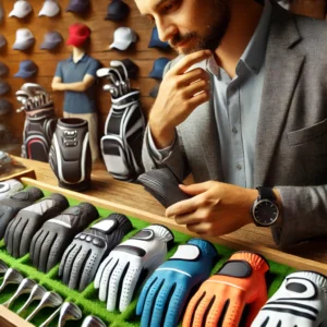 Golfer selecting a golf glove from a store display with various sizes, materials, and brands, emphasizing the importance of choosing the right glove.