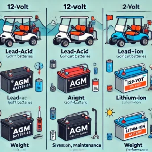 A comparison infographic showing differences between lead-acid, AGM, and lithium-ion 12 volt golf cart batteries.