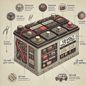A labeled diagram showcasing the internal structure and key components of a 12-volt golf cart battery.