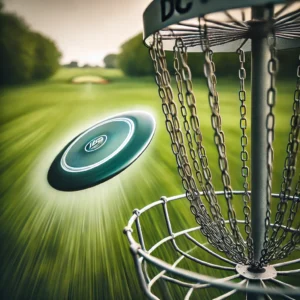 Disc in mid-flight approaching the disc golf basket, exemplifying proper throwing technique and disc selection