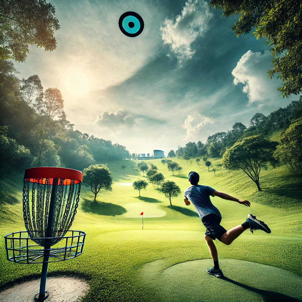 Disc golf player performing a powerful drive on a picturesque course, illustrating techniques for beginners and pros