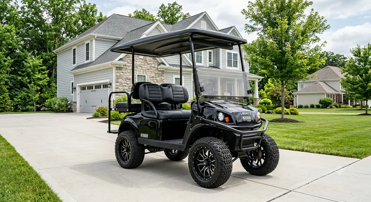 Custom lifted black E-Z-GO golf cart with all-terrain tires parked on a paved driveway in a suburban neighborhood