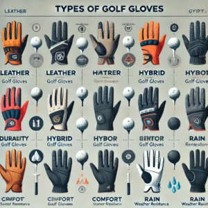 Infographic comparing different types of golf gloves, including leather, synthetic, hybrid, and rain gloves, highlighting durability, grip, and comfort