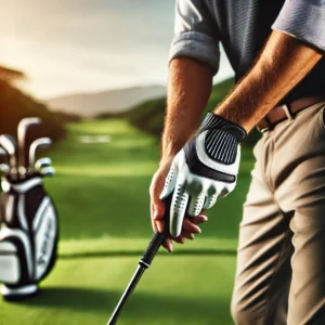 Professional golfer wearing a premium golf glove while preparing to swing, showcasing the glove's grip, fit, and functionality.