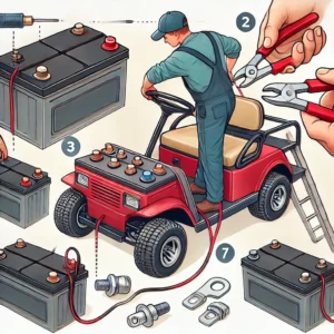 A visual guide demonstrating the correct way to install a 12-volt golf cart battery with terminal connections.