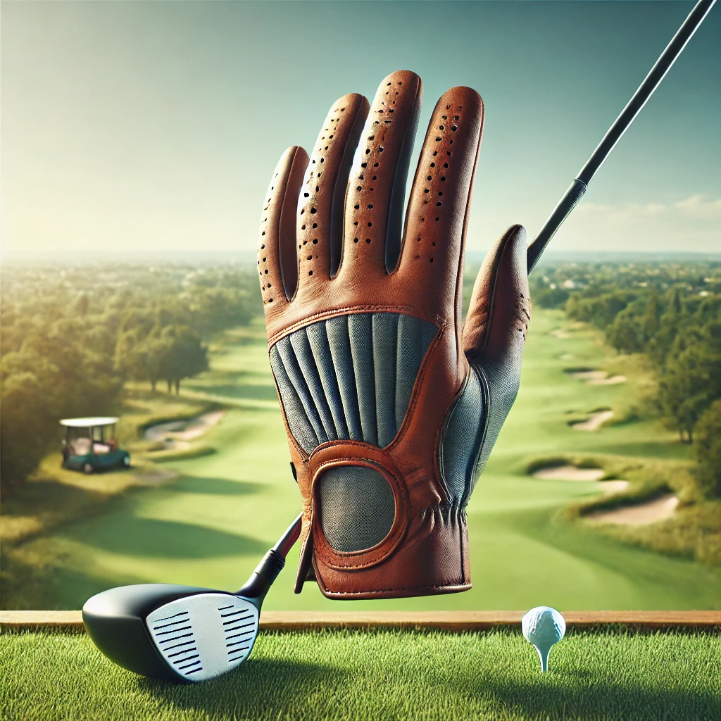 Premium golf glove gripping a golf club, showcasing high-quality leather material, breathable design, and secure fit, with a scenic golf course in the background