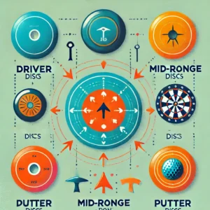 Graphic illustrating various disc golf discs—driver, mid-range, putter—and their specific uses on the course