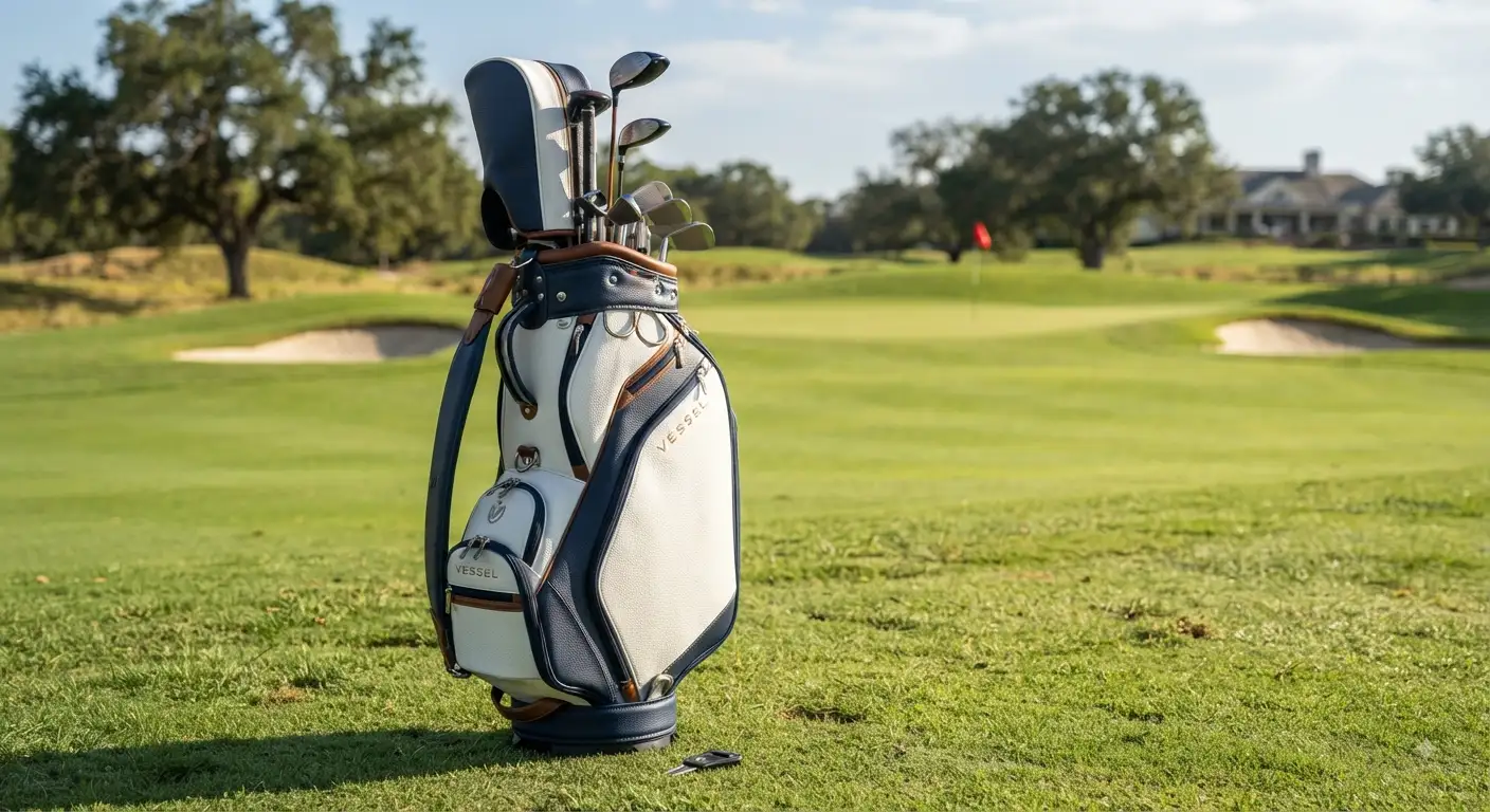 Vessel golf cart bag showcasing premium leather construction on a green fairway