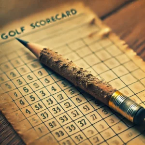 A short, worn-out golf pencil with a dull tip resting on a vintage golf scorecard with faded markings, placed on a wooden surface with soft lighting