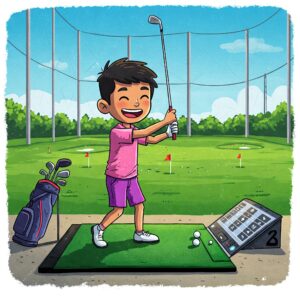 Illustration of a smiling young golfer with their youth left handed golf clubs at a driving range.