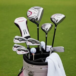 Golf bag filled with essential accessories and a set of womens left handed golf clubs.