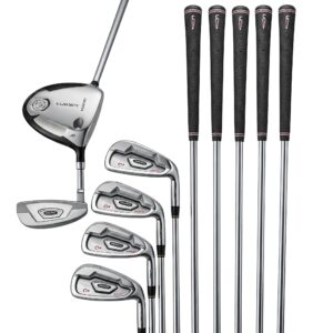 Complete set of womens left handed golf clubs including driver, irons, and putter.