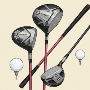 Illustration displaying various types of womens left handed golf clubs: driver, fairway wood, and hybrid.