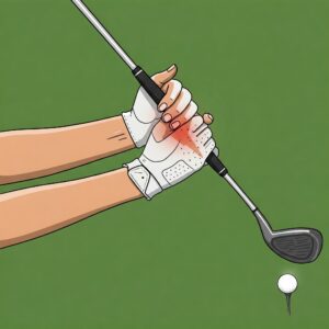 Illustration showing the proper hand position for a woman using womens left handed golf clubs.