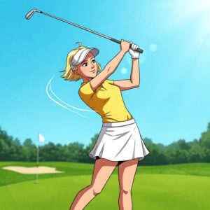 Animated illustration of a woman golfer's swing with her womens left handed golf clubs.