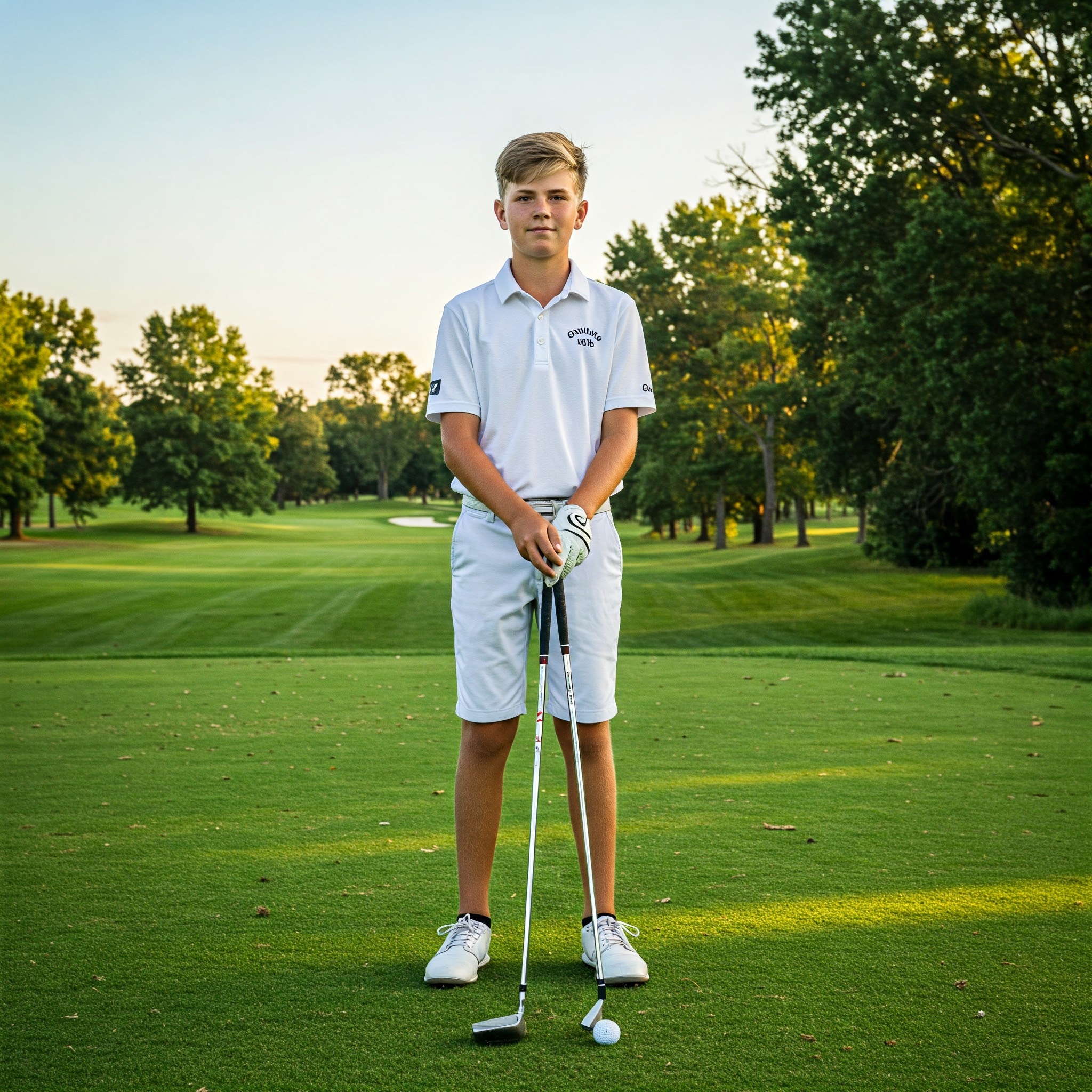 A young golfer confidently holding youth left handed golf clubs on a sunny green course.
