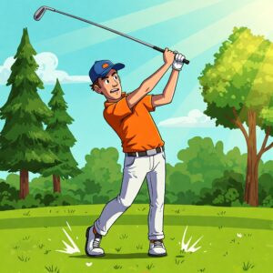 Animated illustration of a young golfer demonstrating a left-handed golf swing with youth left handed golf clubs.