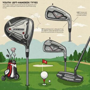 Illustration showcasing various youth left handed golf clubs types including a driver, iron, and putter.