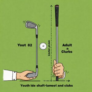 Illustration comparing the size difference between youth left handed golf clubs and adult left handed golf clubs.