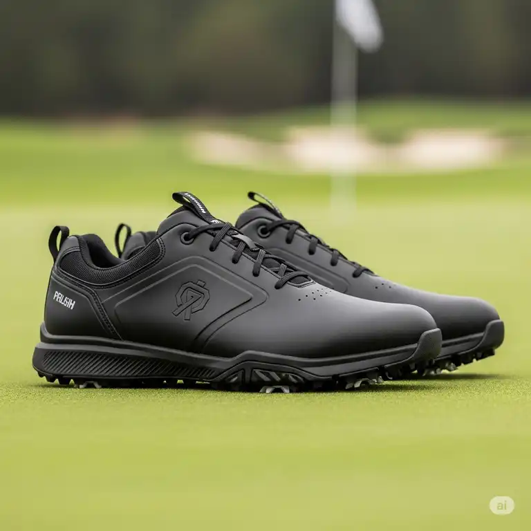 A sleek pair of black golf shoes, ready for the course.