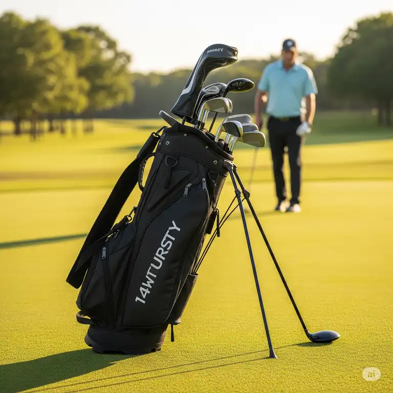 A premium 14 way golf bag, fully loaded with clubs, stands ready on a lush green golf course, highlighting its spacious dividers and convenient features.