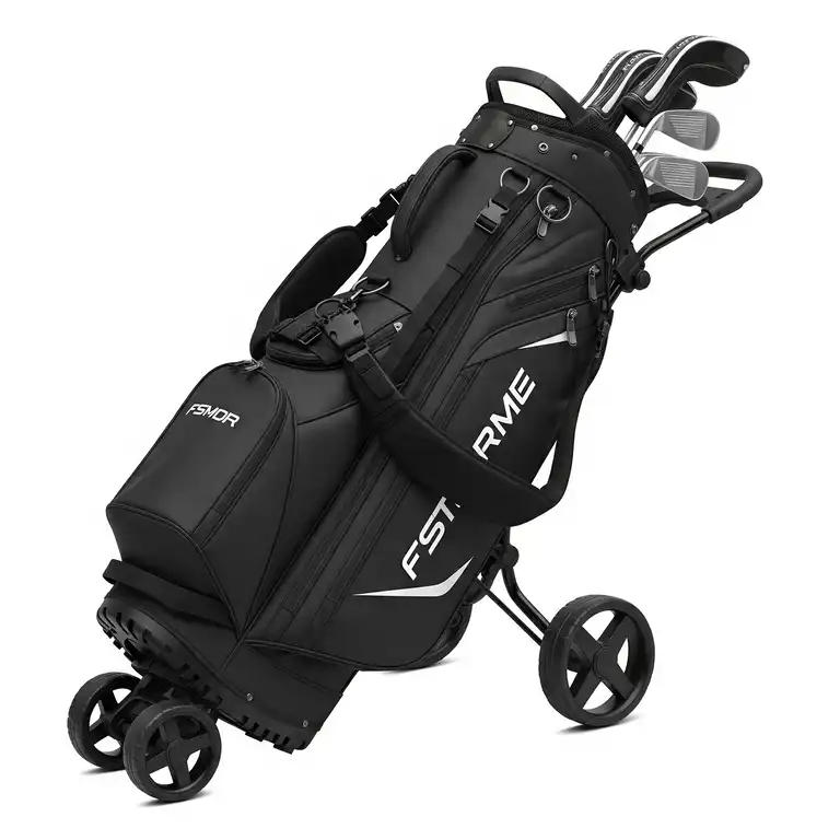 A modern black golf bag with wheels, perfect for easy transport on the course.