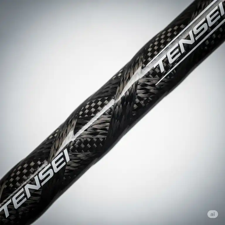 A close-up of a Mitsubishi Chemical tensei golf shaft showcasing its unique carbon fiber weave, ready for installation in a driver.