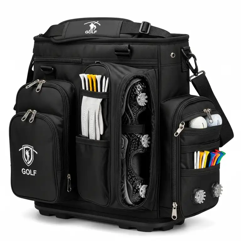A durable golf shoe bag with a separate compartment for spiked shoes, designed for easy transport and protection on the go.