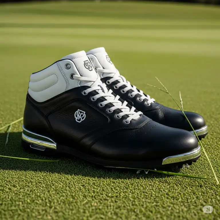 A close-up of a stylish pair of high top golf shoes on a lush green golf course, ready for play.