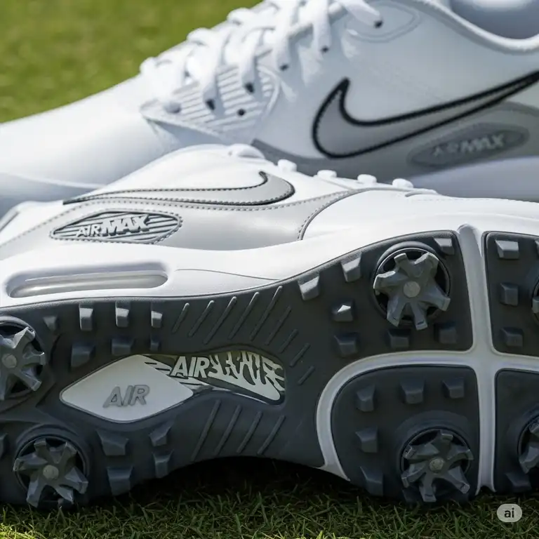 Close-up view of Nike Air Max golf shoes, showcasing the iconic Air cushioning and spiked sole for optimal grip on the golf course.