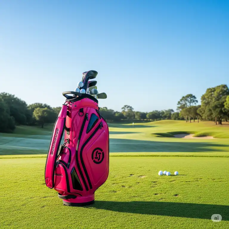 A stylish pink golf bag, prominently displayed on a vibrant green golf course, ready for a day of play.