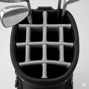 Close-up top view of a 14 way golf bag's individual club dividers, clearly showing the full-length separation for organized club storage.
