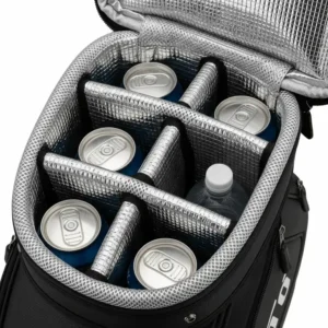 Inside view of a golf bag cooler compartment, showing its insulated lining and capacity for beverages.