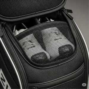 Close-up of a golf shoe bag's vented compartment, keeping golf shoes fresh and separate from other gear.