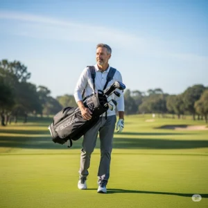 Golfer comfortably carrying a lightweight hybrid golf bag with dual straps on the course.