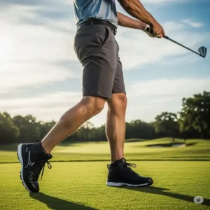 Golfer in mid-swing, showcasing the ankle support and stability provided by high top golf shoes.
