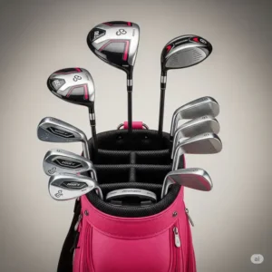 Golf clubs neatly organized inside a bright pink golf bag, showcasing the practical design and vibrant color.
