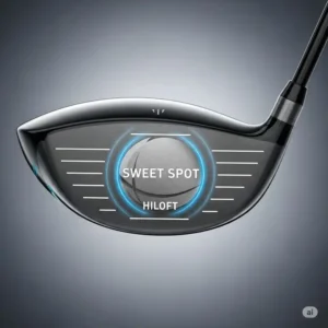 Close-up of a modern driver face, highlighting the large sweet spot and high loft designed for senior golfers to maximize launch and carry.
