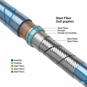Detailed diagram showing the multi-layered construction of **steel fiber golf shafts** for improved performance.