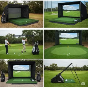 Different types of outdoor golf simulators available, including portable and permanent installations.