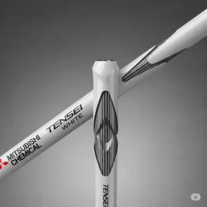 Detailed profile view of a Mitsubishi Chemical tensei golf shaft White, highlighting its low-launch characteristics.