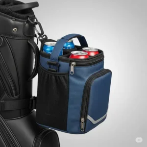 A convenient golf bag cooler easily attaches to the side of a standard golf bag for quick access to cold drinks.