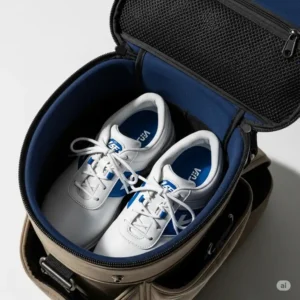 An open golf shoe bag showcasing a pair of golf shoes neatly stored inside, ready for the course.