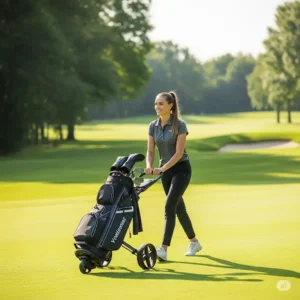 A golfer effortlessly pushing a golf bag with wheels across a green fairway.
