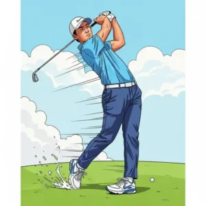 Dynamic illustration of a golfer mid-swing, highlighting the stability and flexibility provided by Air Max golf shoes.

