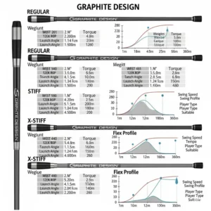 Visual comparison of various graphite design golf shafts models, highlighting different flex options and their ideal swing profiles.