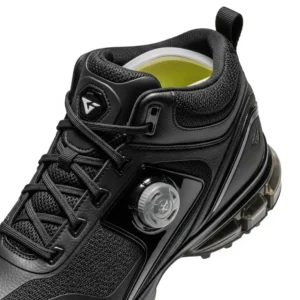 Detailed view of the enhanced ankle support and cushioning in a high top golf shoe design.