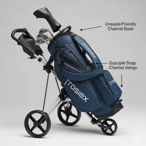 Hybrid golf bag securely mounted on a golf cart, showcasing cart-friendly base and strap channel.